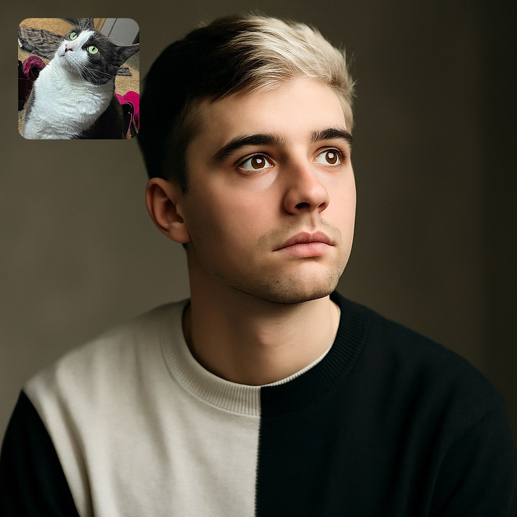 A close-up shot of a curious tuxedo cat with striking green eyes gazing upward, surrounded by a cozy indoor setting featuring scattered clothes and vibrant pink slippers in the background.