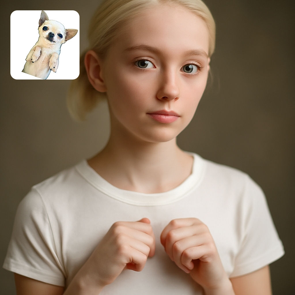 A small cream-colored Chihuahua is striking a playful pose on its back with its paws up, giving a cheeky and endearing expression against a plain white background.