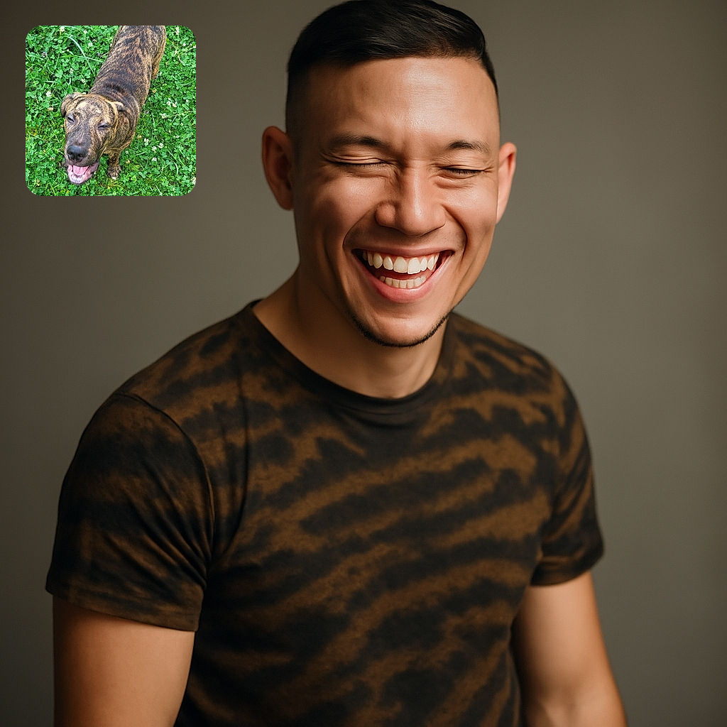 A happy brindle dog stands on a lush green clover field, looking up with a joyful expression and tongue slightly out, as if caught mid-smile during a playful moment outdoors.