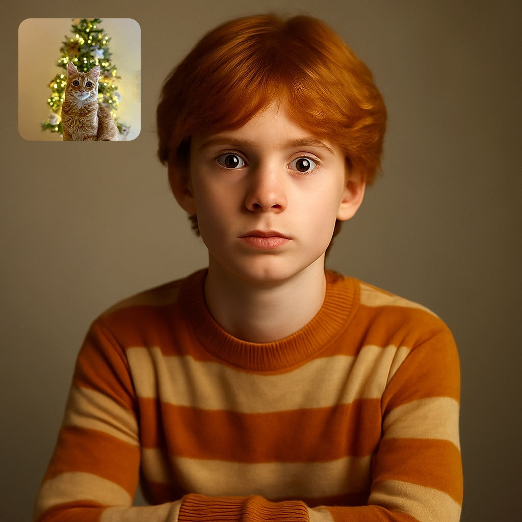 A fluffy orange tabby cat with wide, curious eyes sits elegantly in front of a beautifully lit Christmas tree, creating a cozy and festive atmosphere with soft bokeh lights in the background.