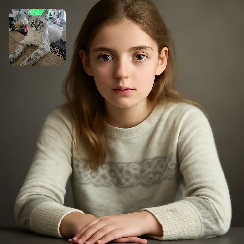 A curious cat with striking blue eyes lounges on a wooden table, stretching its paws forward. The background shows a cozy indoor setting with household items and a blurred TV screen, giving a casual home vibe.