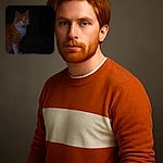 A fluffy orange and white cat is partially illuminated against a very dark background, looking intently off-camera with a curious expression. The photo is quite dark and grainy, giving it a mysterious nighttime vibe.