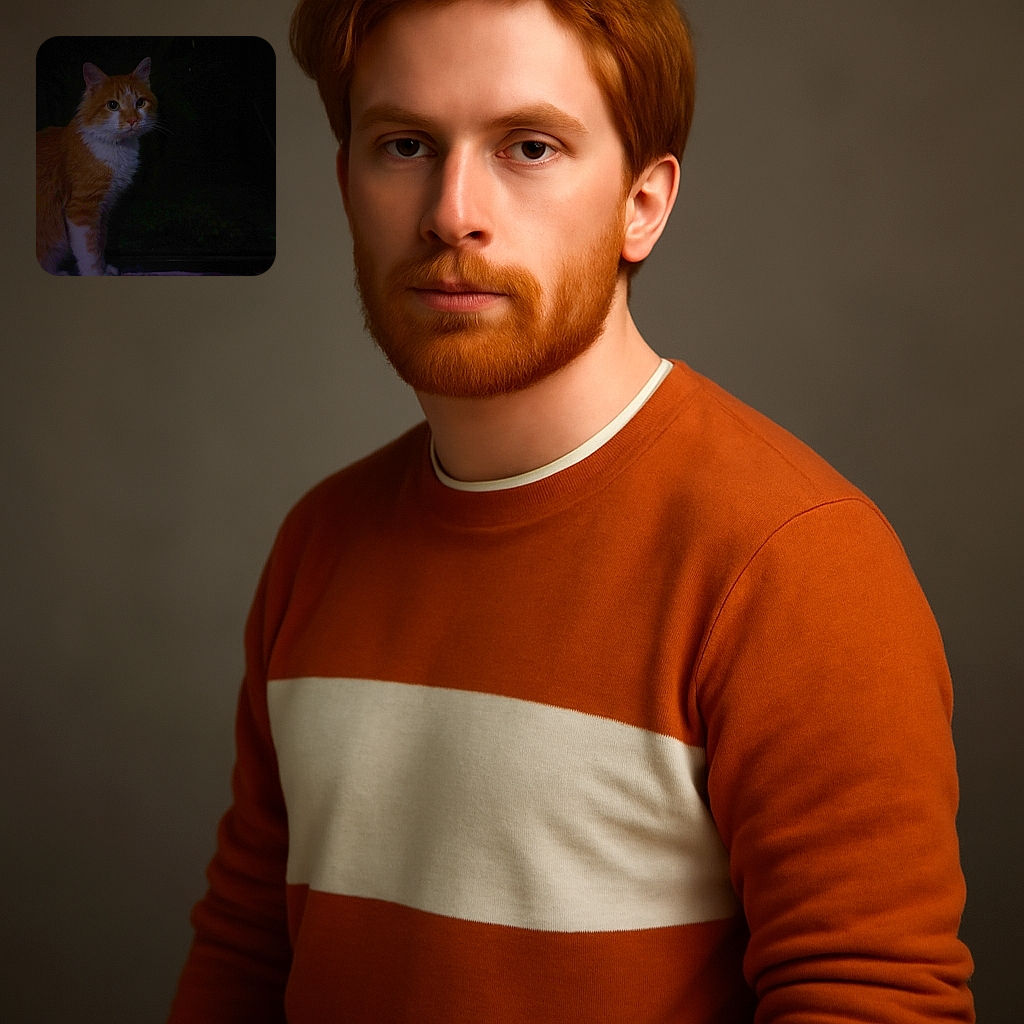 A fluffy orange and white cat is partially illuminated against a very dark background, looking intently off-camera with a curious expression. The photo is quite dark and grainy, giving it a mysterious nighttime vibe.