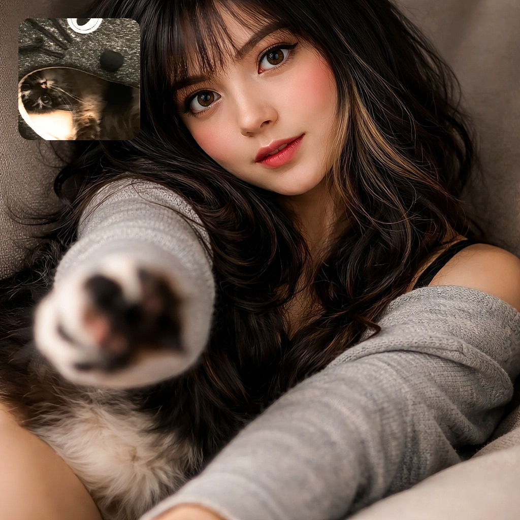 A tuxedo cat peeks out of a circular bed like a furry burrito, one white paw dangling over the edge while wide eyes watch you suspiciously — clearly plotting snacks or mischief.