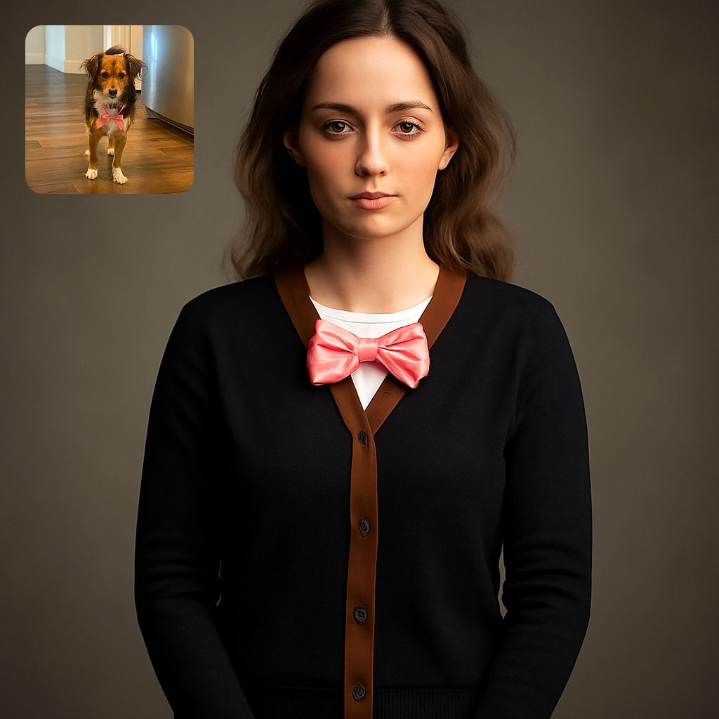A small, fluffy dog wearing a pink bow stands on a wooden floor in a cozy home setting, looking directly at the camera with a curious expression. The background shows a hallway and a stainless steel appliance, giving a warm indoor vibe.