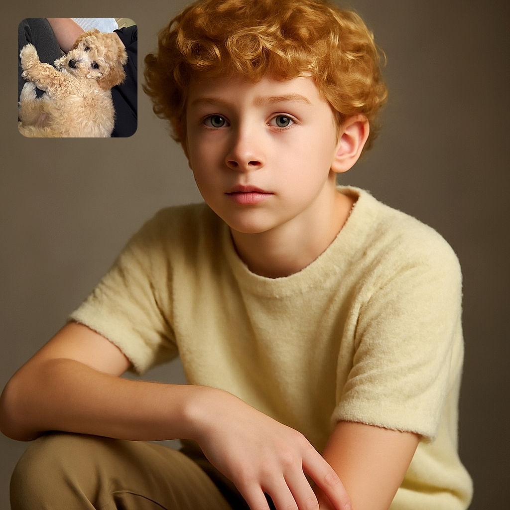 A fluffy, curly-haired puppy lounging comfortably on someone's lap, gazing back with soulful eyes, wrapped in a cozy indoor setting with soft lighting and casual attire.