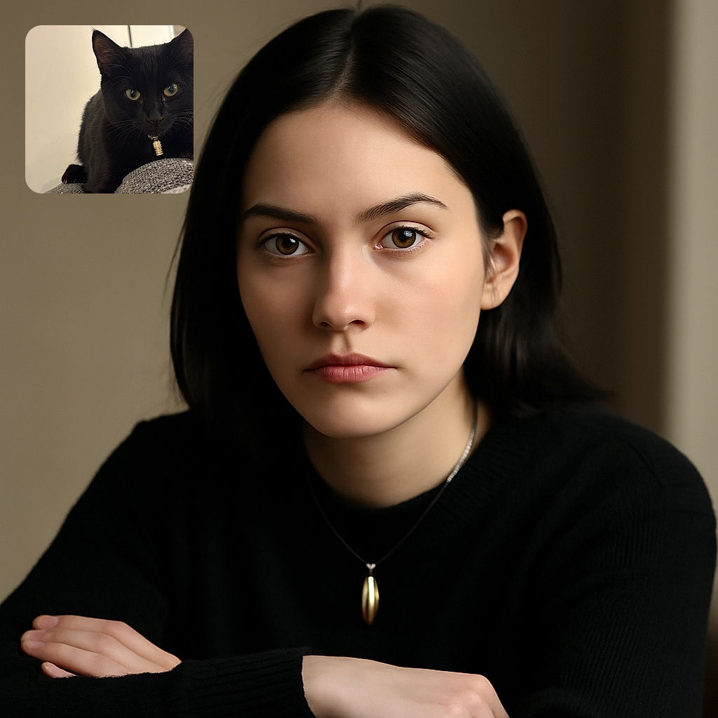 A sleek black cat with mesmerizing green eyes lounges on a textured gray surface, wearing a tiny golden pendant that adds a touch of feline royalty. The background is softly blurred, emphasizing the cat's intense gaze and velvety fur.