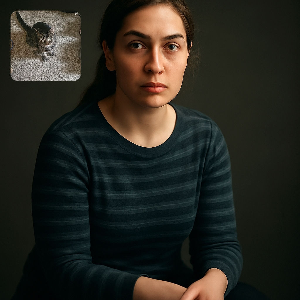A curious tabby cat sits attentively on a beige carpet, looking up with piercing green eyes. Nearby, a robotic vacuum cleaner rests quietly, adding a touch of modern home life to the cozy scene.