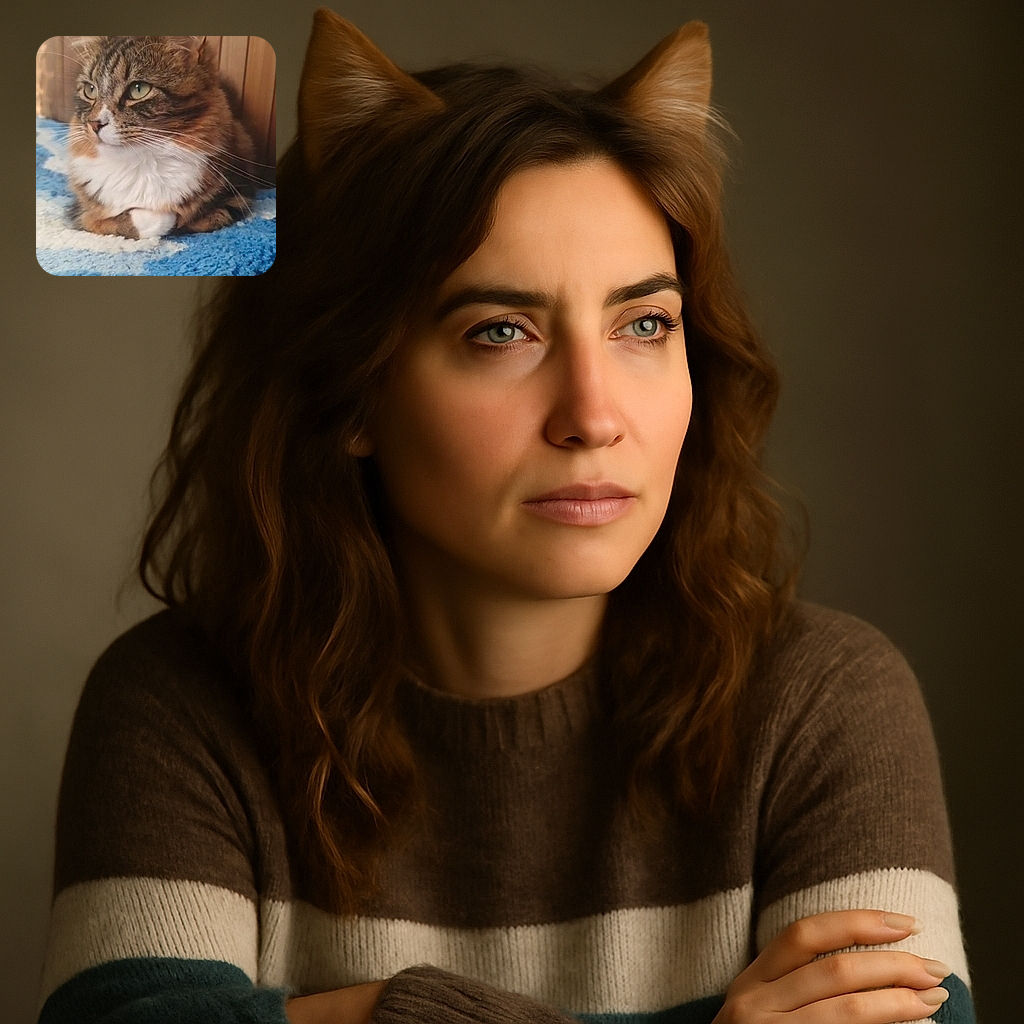 A fluffy tabby cat with a white chest is comfortably resting on a blue and white textured blanket, looking thoughtfully off to the side against a wooden backdrop. The soft lighting highlights the cat's expressive eyes and delicate whiskers.