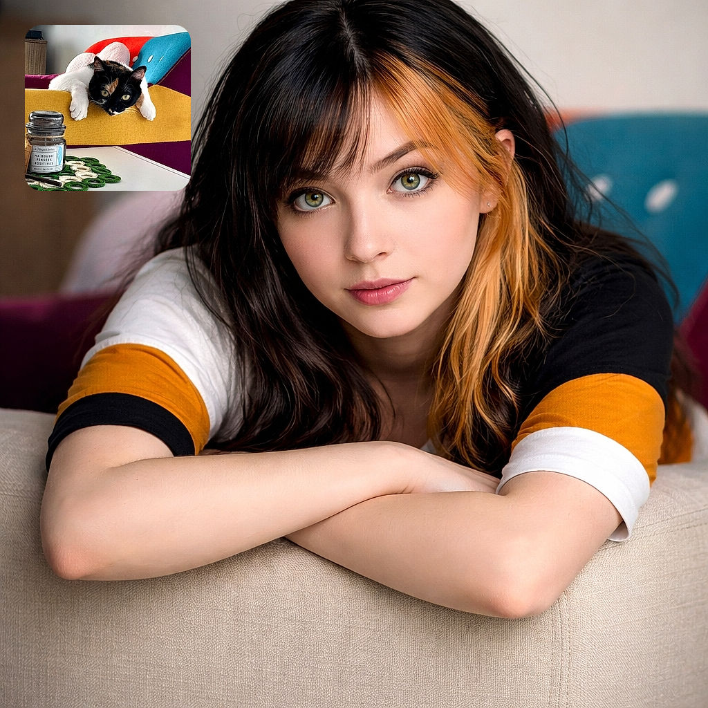 A calico cat draped over a brightly colored armchair like a furry sundae, eyes wide and plotting gentle chaos while white paws hang over the edge. In the foreground a scented candle and a crocheted mat add domestic chic; the whole scene screams cozy mischief.