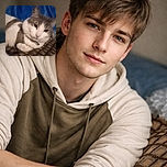 A cozy cat lounges comfortably on a checkered blanket with a soft blue backdrop, its fur blending shades of white and grey, sporting a collar that hints at a pampered lifestyle.