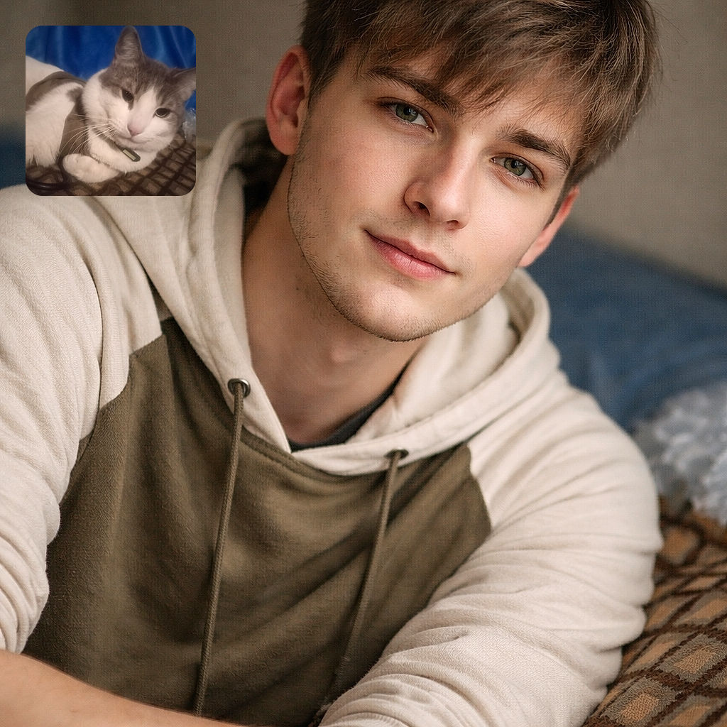 A cozy cat lounges comfortably on a checkered blanket with a soft blue backdrop, its fur blending shades of white and grey, sporting a collar that hints at a pampered lifestyle.