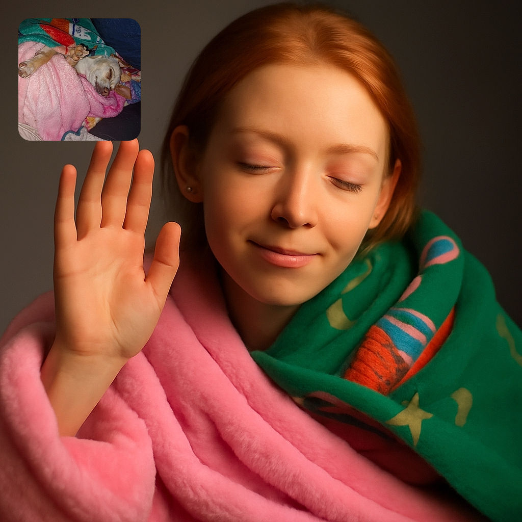 A cozy dog is wrapped snugly in colorful blankets, peacefully sleeping with one paw stretched out as if waving goodnight to the world.