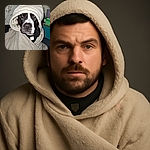 A charming dog wrapped snugly in a cozy cream-colored blanket with a hood, looking straight at the camera with a calm and slightly curious expression. The background is a bit cluttered with shelves and boxes, adding a homey, lived-in vibe to the scene.