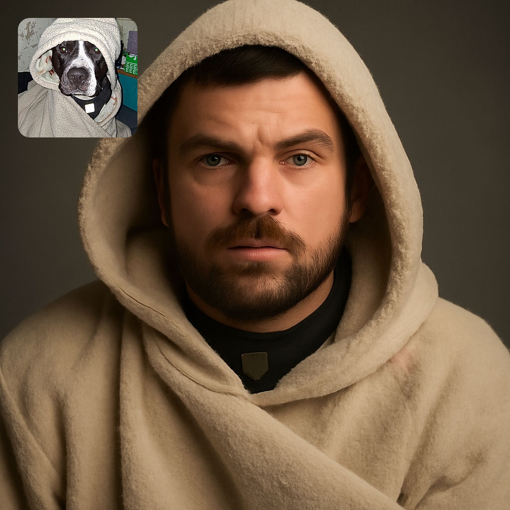 A charming dog wrapped snugly in a cozy cream-colored blanket with a hood, looking straight at the camera with a calm and slightly curious expression. The background is a bit cluttered with shelves and boxes, adding a homey, lived-in vibe to the scene.