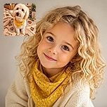 A fluffy cream-colored dog in a sunny yellow bandana sits like the unquestioned CEO of coziness, surrounded by daisies, leafy plants, paw-print blankets, and a personalized squeaky bone. The dog’s soulful stare says, “Yes, I am a good girl—and yes, the snacks may now begin.”