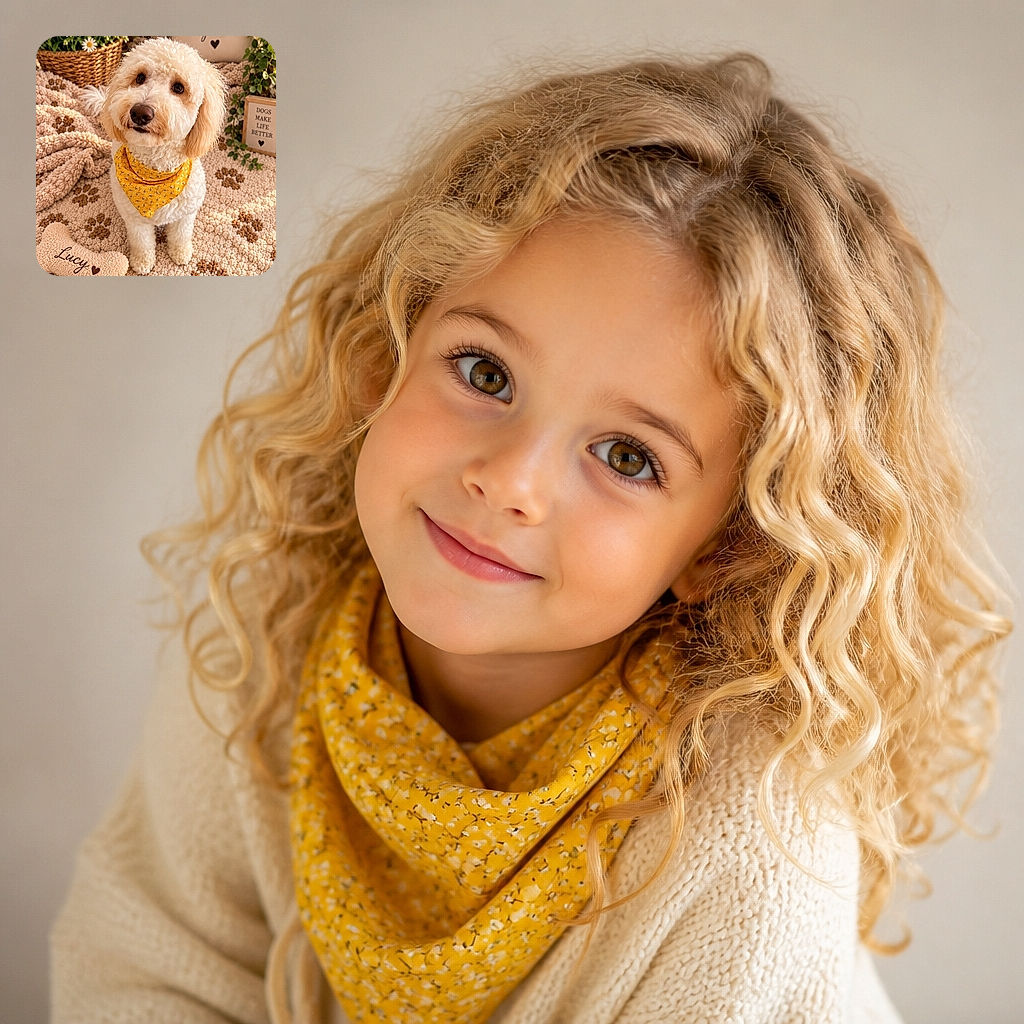 A fluffy cream-colored dog in a sunny yellow bandana sits like the unquestioned CEO of coziness, surrounded by daisies, leafy plants, paw-print blankets, and a personalized squeaky bone. The dog’s soulful stare says, “Yes, I am a good girl—and yes, the snacks may now begin.”