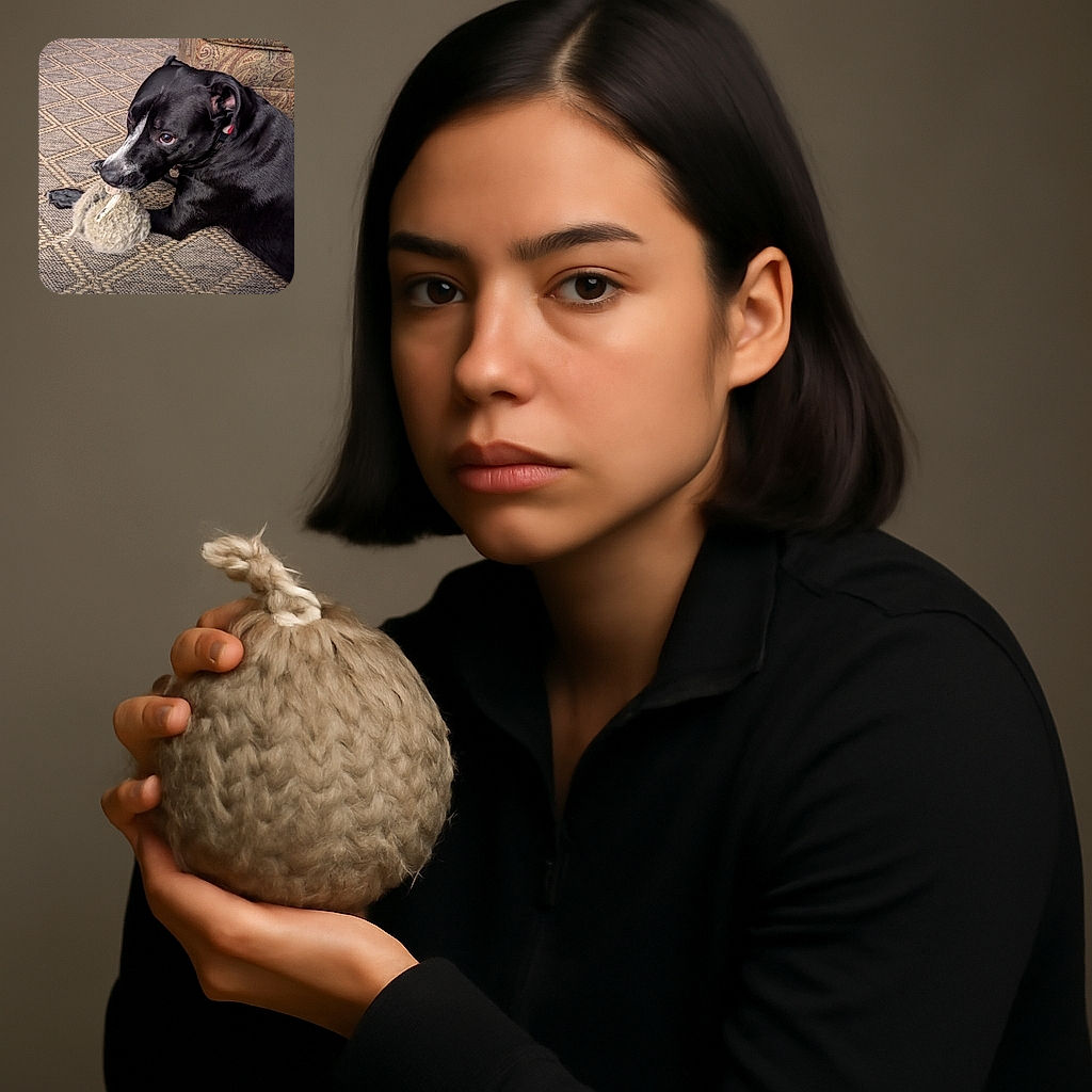 A shiny black dog with a white stripe on its face is gripping a well-loved, fuzzy toy in its mouth, lying on a patterned carpet next to a cozy, patterned couch. The dog's eyes are wide and expressive, caught mid-play or contemplation.
