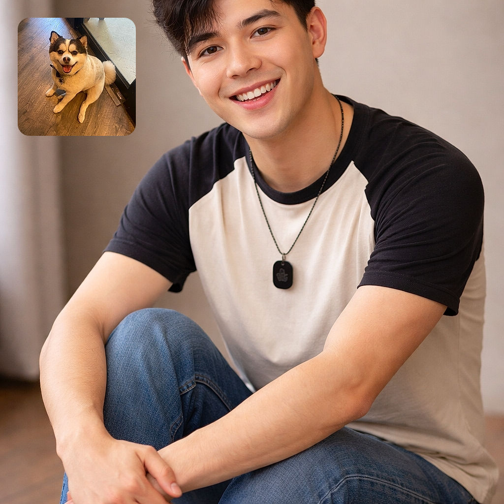 A fluffy, grinning dog sits by a glass door like it just delivered a stand-up routine—tongue out, tail a perfect puff, collar jingling, and a scuffed wooden floor giving the scene cozy, well-worn charm.