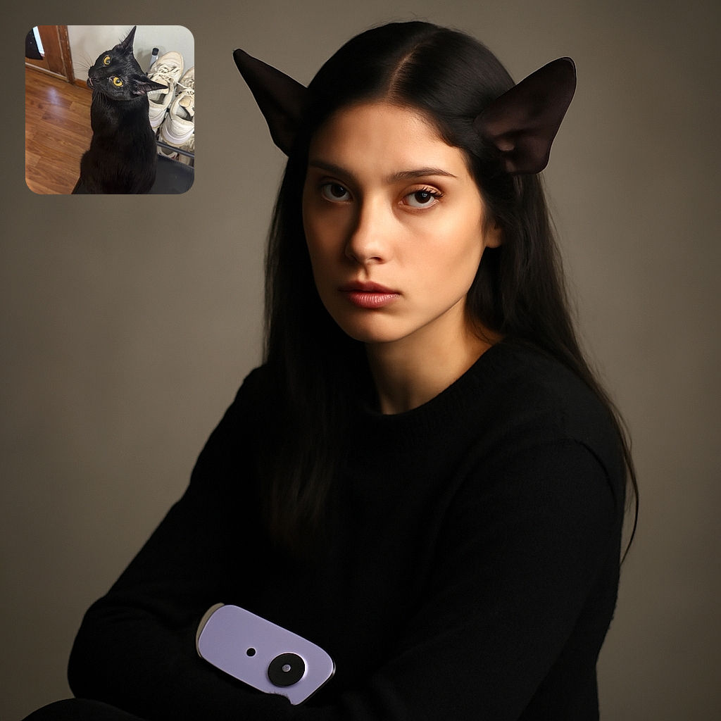 A sleek black cat with striking yellow eyes looks up with a curious expression while sitting on a black surface next to a purple device and a transparent box. The background shows a wooden floor, a door, and a pair of white sneakers on a rack.