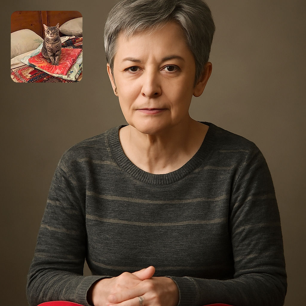 A charming gray tabby cat sitting upright on a neatly folded colorful blanket on a bed, winking playfully as if sharing a secret joke with the viewer. The cozy bedroom setting with patterned quilts and pillows adds warmth to the scene.