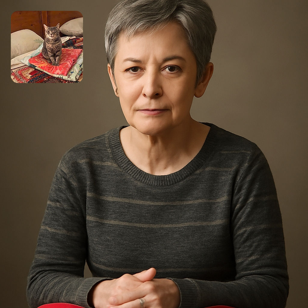 A charming gray tabby cat sitting upright on a neatly folded colorful blanket on a bed, winking playfully as if sharing a secret joke with the viewer. The cozy bedroom setting with patterned quilts and pillows adds warmth to the scene.