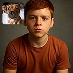 A close-up of an adorable brown puppy sitting on a white tiled floor with another puppy blurred in the background, both looking curiously at the camera with soulful eyes.