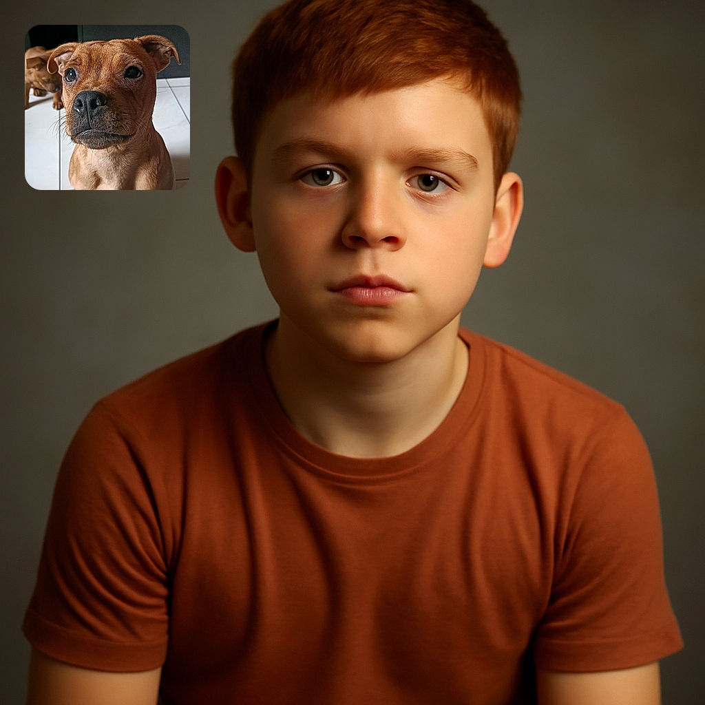 A close-up of an adorable brown puppy sitting on a white tiled floor with another puppy blurred in the background, both looking curiously at the camera with soulful eyes.