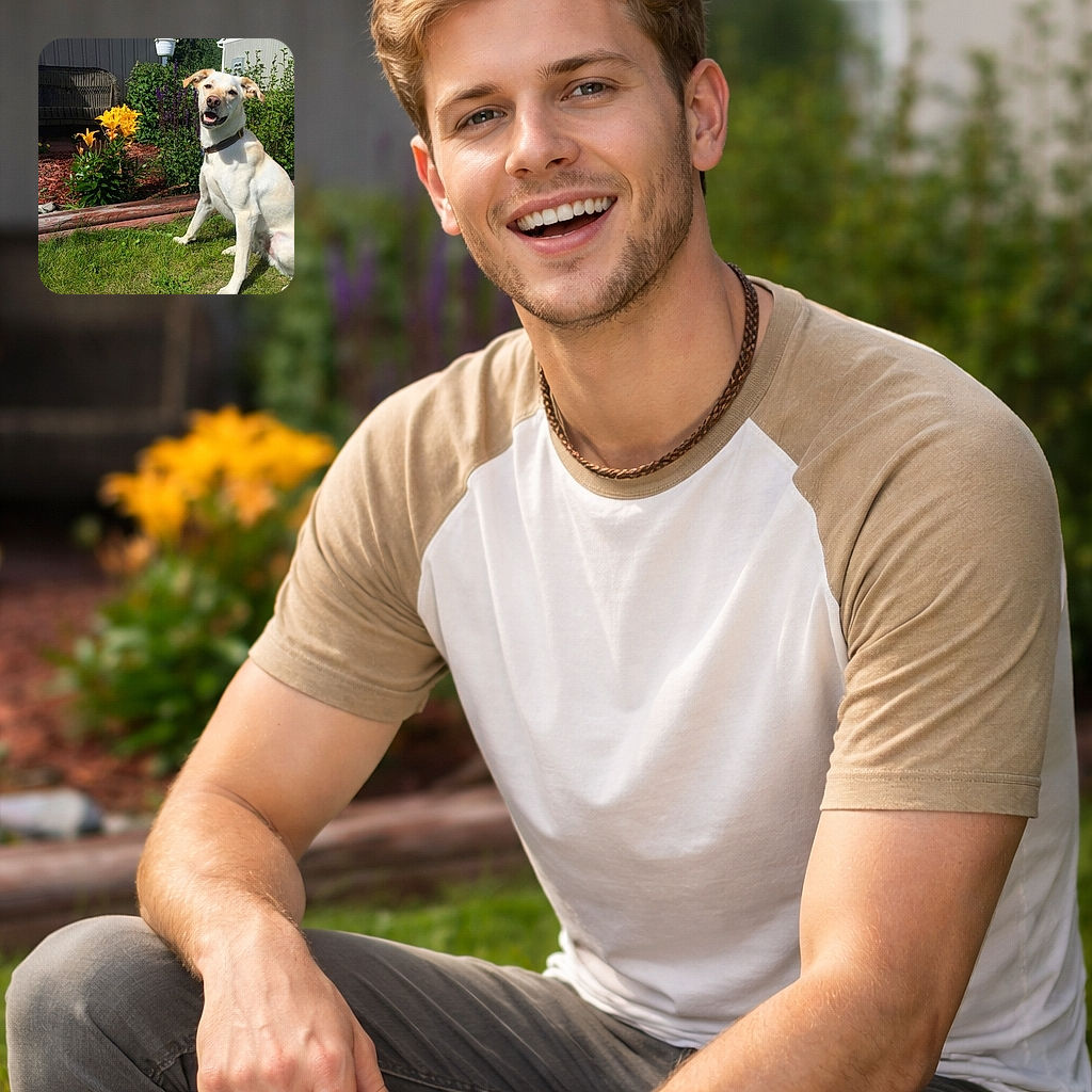 A sunlit, grin-faced dog posing like it just booked a garden photoshoot — yellow lilies for flair, a wicker bench background, and a smile that clearly demands treats and applause.