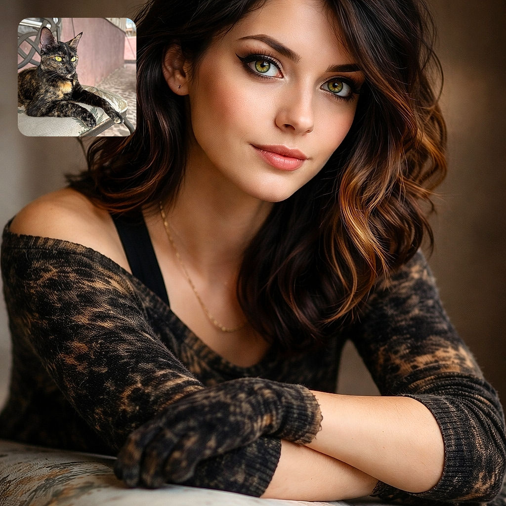 A striking tortoiseshell cat lounges elegantly on a patterned cushioned chair, eyes wide and alert as if plotting world domination, with a softly blurred pink wall and stone floor in the background providing a cozy outdoor vibe.