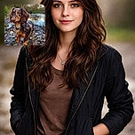 A dapper long-haired dachshund poses on a carpet of muddy autumn leaves by a peaceful river, giving a very serious 'I supervise this walk' stare — floppy ears, shiny collar tag, and muddy paws all ready for mischief.