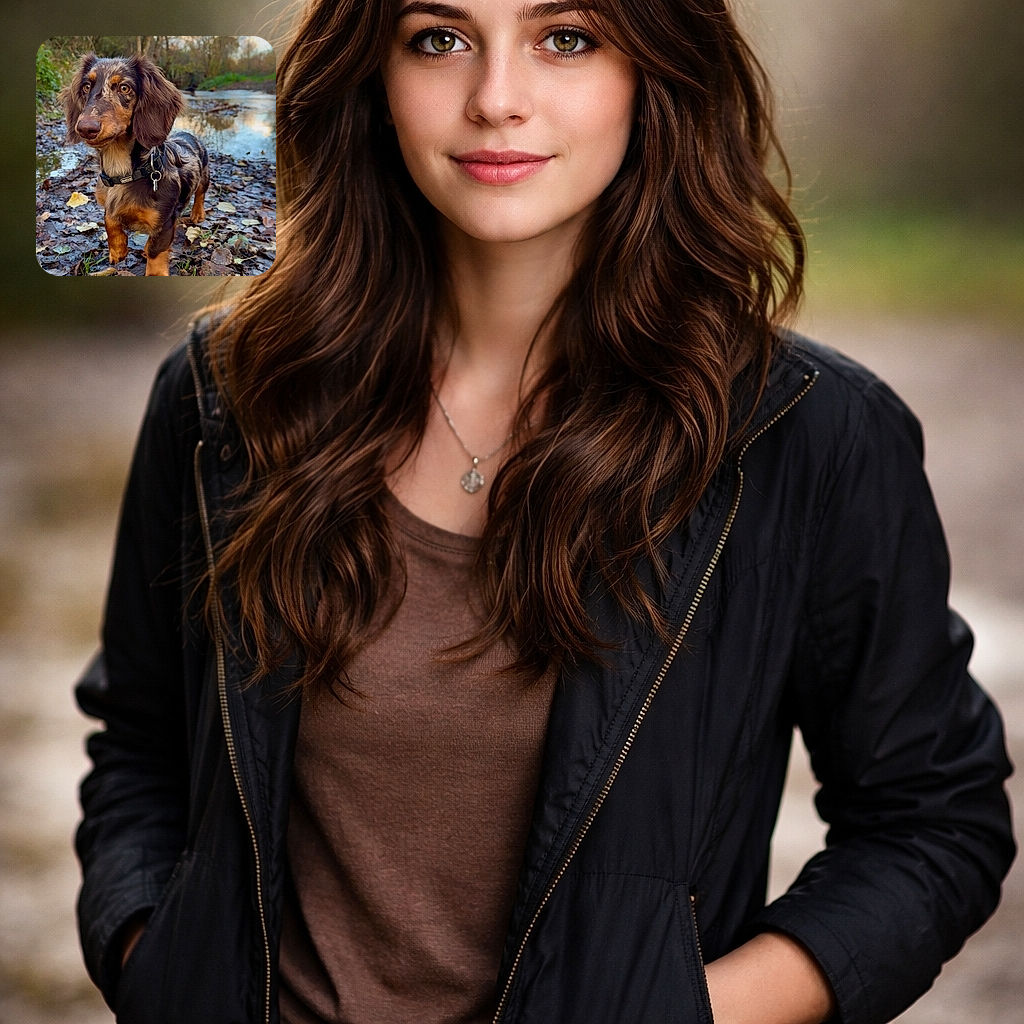 A dapper long-haired dachshund poses on a carpet of muddy autumn leaves by a peaceful river, giving a very serious 'I supervise this walk' stare — floppy ears, shiny collar tag, and muddy paws all ready for mischief.