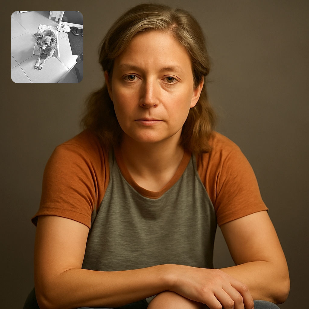 A calm dog is lounging on a towel on a tiled floor near a doorway, surrounded by shoes and a black mat, basking in the soft indoor light with a peaceful expression.