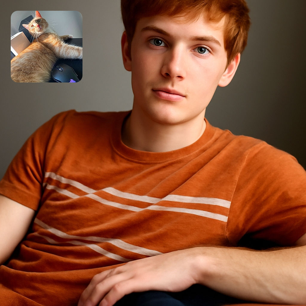 A fluffy orange tabby cat lounges on a black surface next to a glowing gaming mouse, looking curiously towards the camera with bright eyes and a soft expression. The natural light highlights the cat's fur texture and whiskers, creating a cozy and relaxed atmosphere.
