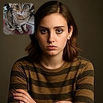 A curious tabby cat with large, expressive eyes sits attentively on a plaid-patterned surface, surrounded by a cozy indoor setting with soft lighting and subtle background details.