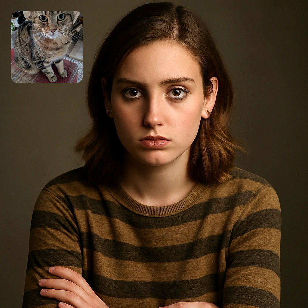 A curious tabby cat with large, expressive eyes sits attentively on a plaid-patterned surface, surrounded by a cozy indoor setting with soft lighting and subtle background details.