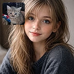 A fluffy little kitten with big, curious eyes stares straight at the camera, perched on a cozy crocheted blanket with a colorful shirt in the background. The kitten's fur is a soft mix of gray and beige, making it look like a tiny, adorable furball ready for cuddles.