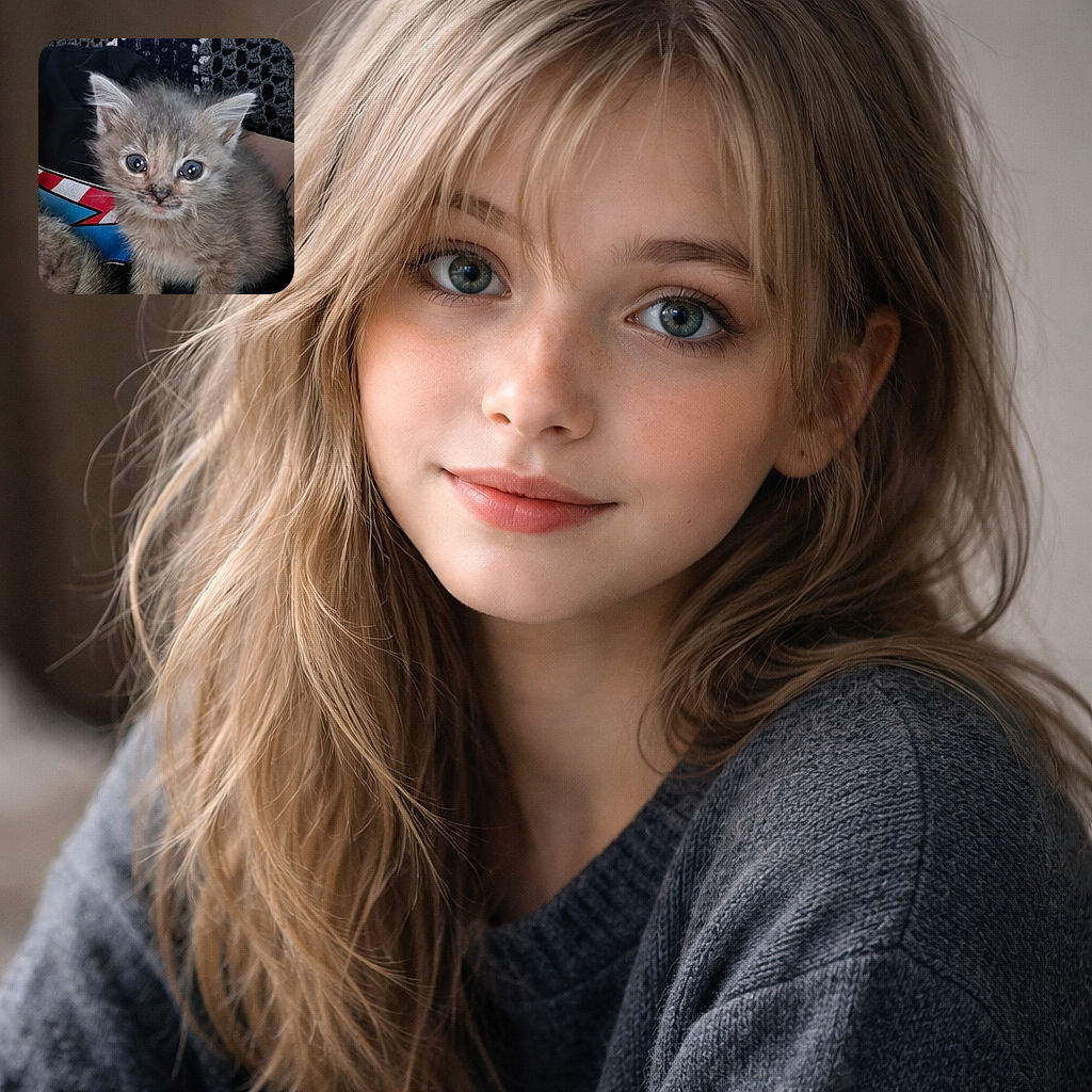 A fluffy little kitten with big, curious eyes stares straight at the camera, perched on a cozy crocheted blanket with a colorful shirt in the background. The kitten's fur is a soft mix of gray and beige, making it look like a tiny, adorable furball ready for cuddles.