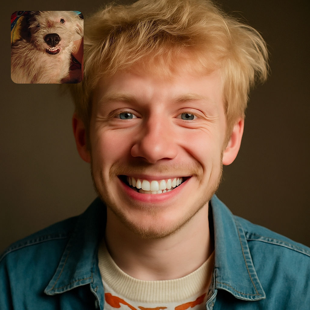 A close-up of a scruffy white dog showing off its teeth in what looks like a goofy smile, with a colorful patterned background and a warm indoor lighting vibe.