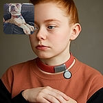 A charming dog with striking blue eyes lounges comfortably on a black fabric, looking off into the distance with a calm and regal expression. The natural outdoor background with trees and a cloudy sky adds a peaceful vibe to the scene.