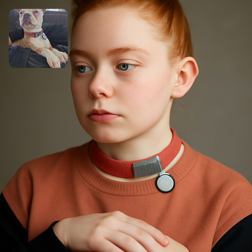 A charming dog with striking blue eyes lounges comfortably on a black fabric, looking off into the distance with a calm and regal expression. The natural outdoor background with trees and a cloudy sky adds a peaceful vibe to the scene.