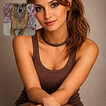 A small brown dog with large ears sits elegantly with its front paws crossed on a couch covered by a cozy, patterned blanket. The dog's eyes reflect the camera flash, giving it an otherworldly glow. The photo has a casual snapshot vibe with an added text overlay that says 'Featured Sunday'.