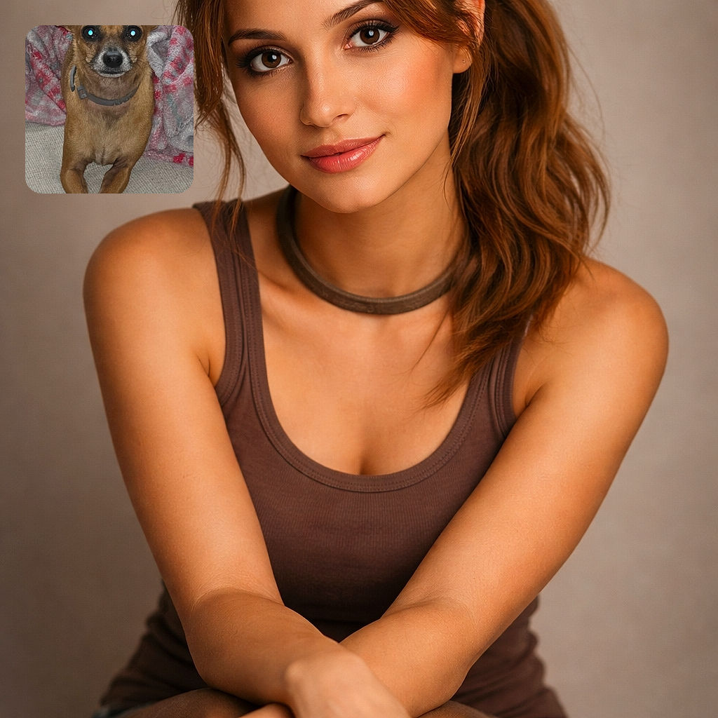 A small brown dog with large ears sits elegantly with its front paws crossed on a couch covered by a cozy, patterned blanket. The dog's eyes reflect the camera flash, giving it an otherworldly glow. The photo has a casual snapshot vibe with an added text overlay that says 'Featured Sunday'.