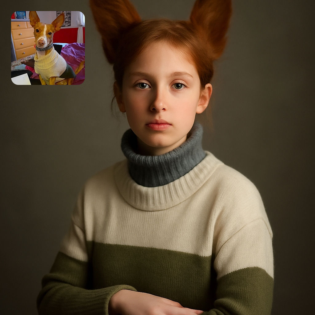 A curious dog wearing a cozy sweater sits attentively on a bed cluttered with papers and a laptop, with a colorful dresser and wall art in the background, giving off a vibe of a hardworking pup ready to join the home office hustle.