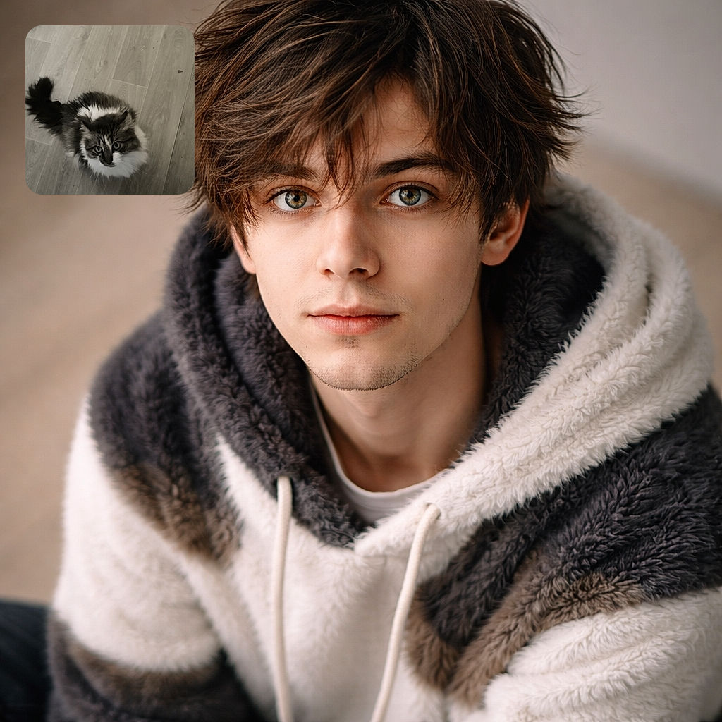 A fluffy cat with big curious eyes looks up from a wooden floor, its bushy tail curled behind it, captured in a soft monochrome tone that adds a vintage vibe.