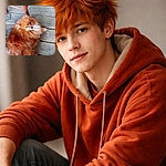 A tiny, outrageously fluffy Pomeranian sprawled on a wooden porch like it owns the place — staring up with dramatic side-eye while a chair leg serves as its royal scepter.