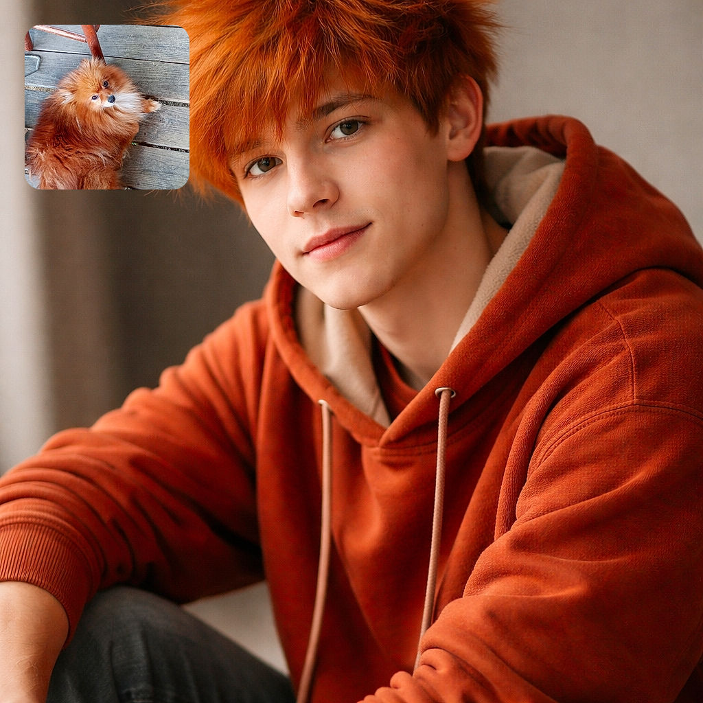 A tiny, outrageously fluffy Pomeranian sprawled on a wooden porch like it owns the place — staring up with dramatic side-eye while a chair leg serves as its royal scepter.