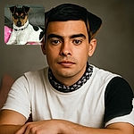 A charming dog lounges comfortably on a couch with a pink floral pillow, looking directly at the camera with an attentive and curious expression. The background is a soft gray couch, providing a cozy indoor setting.