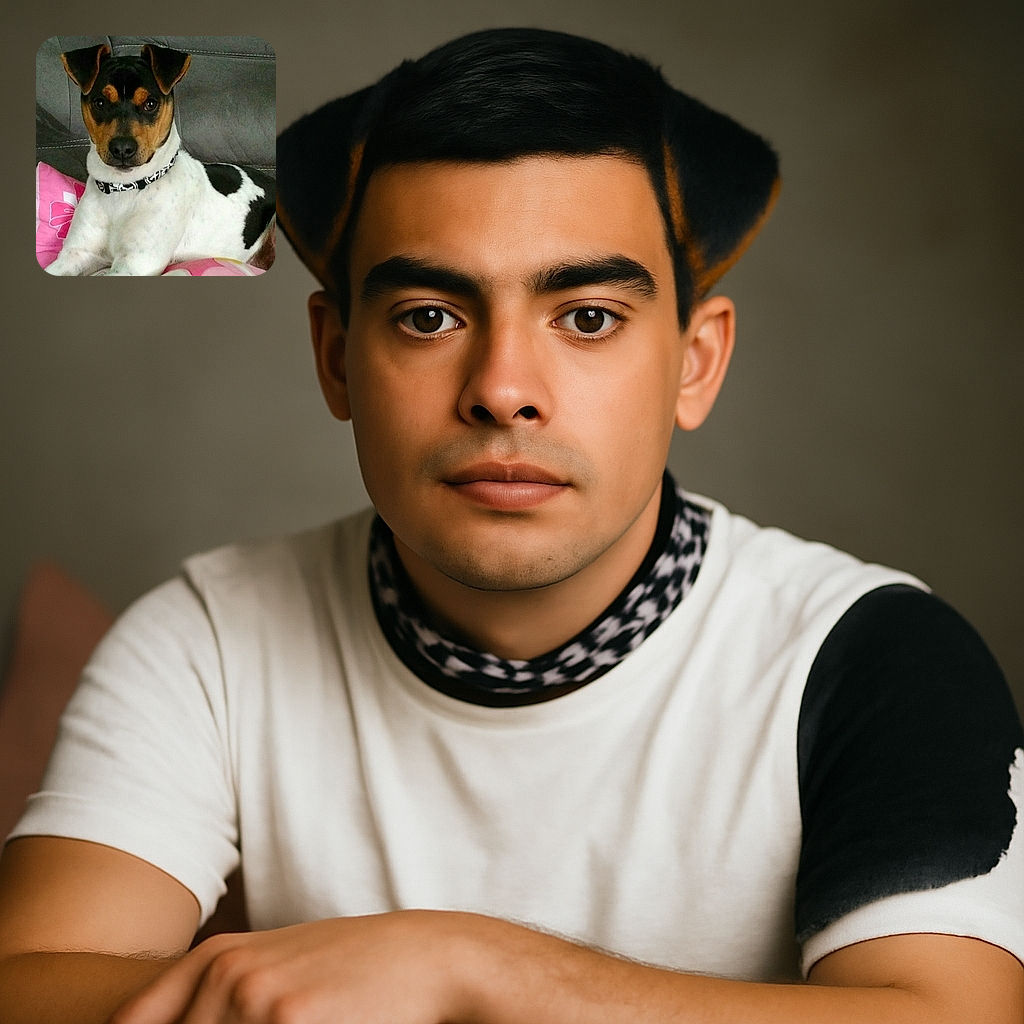 A charming dog lounges comfortably on a couch with a pink floral pillow, looking directly at the camera with an attentive and curious expression. The background is a soft gray couch, providing a cozy indoor setting.