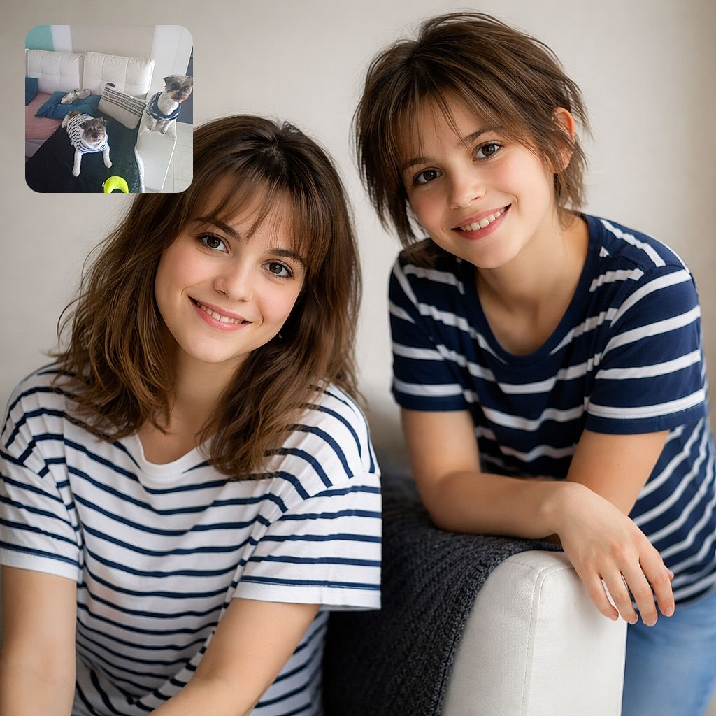 Two adorable small dogs wearing cozy sweaters are chilling on a white couch and its armrest, surrounded by pillows and a plush toy, with a bright green toy in the foreground. The photo has a casual homey vibe but is slightly blurry.